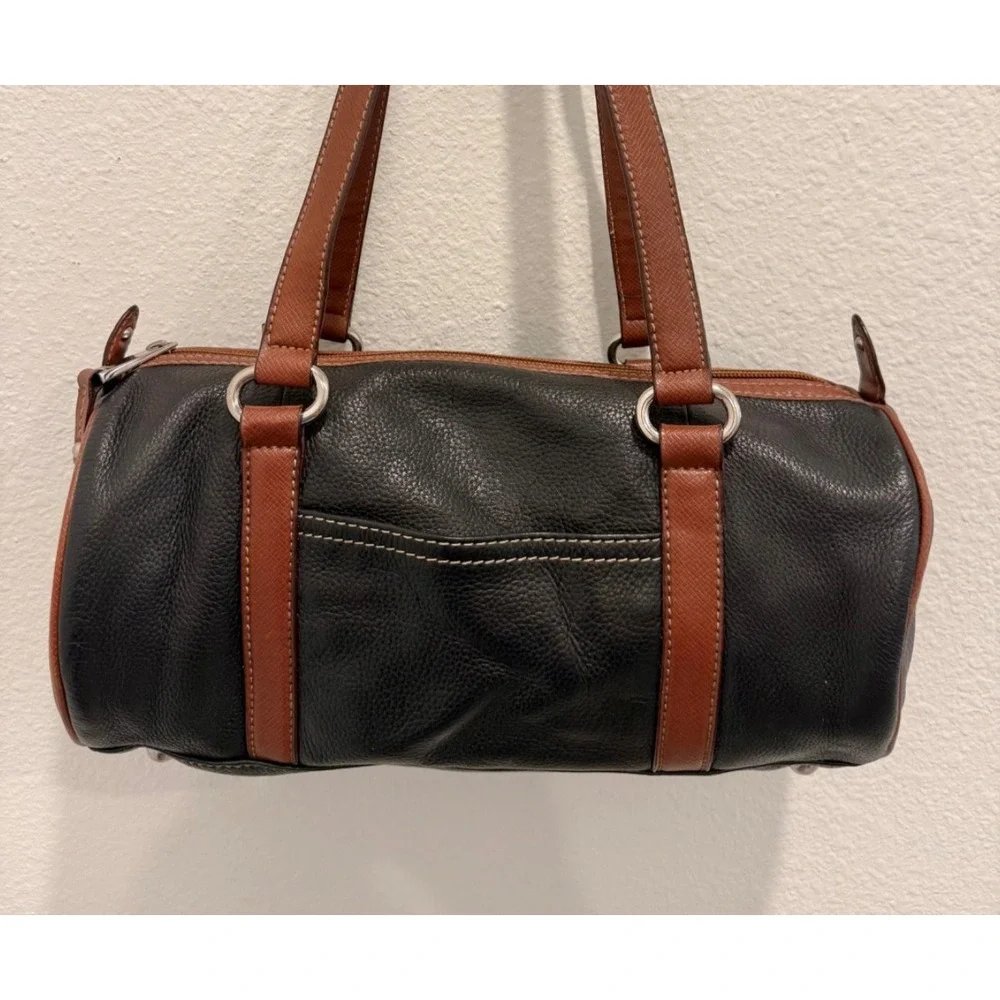 VTG Tignanello Leather BLACK & BROWN Color Block Shoulder Barrel Bag Purse